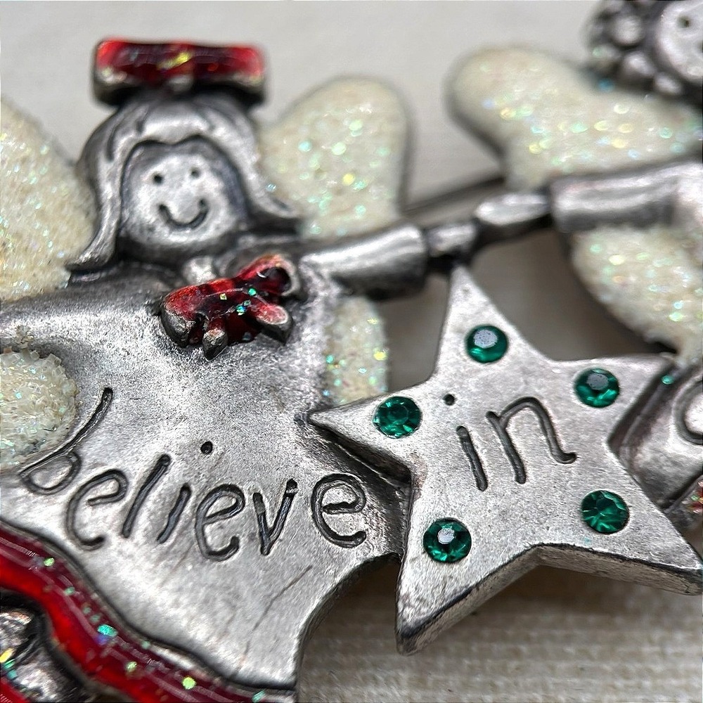 Vintage AJMC Christmas Angel Pin Brooch "Believe in Angels" Glitter‎ Enamel